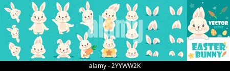 Symbolset für Osterhasen. Aufkleber mit bezauberndem weißen Kaninchen, das verschiedene Emotionen ausdrückt. Hase oder Hase mit Karotten und Osterei. Cartoon-Vektor Stock Vektor