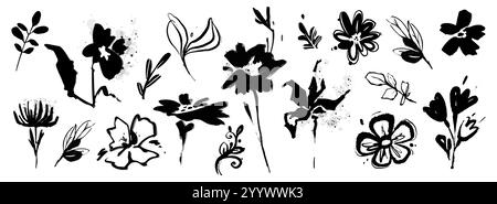 Abstrakte Blumen, gemalt mit Pinselstrichen. Schwarze Blumensilhouetten mit Blättern, natürlichen Pflanzen und Zweigen im Grunge-Stil. Handgezeichneter Vektor Stock Vektor
