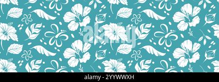 Nahtloses hawaiianisches tropisches Muster. Organisch wiederholtes Ornament mit blühenden Hibiskusblüten und exotischen Pflanzenblättern. Designelement zum Bedrucken Stock Vektor
