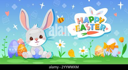 Frohe Ostern Banner. Festlicher Hintergrund mit niedlichem weißen Häschen, der auf grünem Rasen sitzt und Osterei hält. Bezaubernde Grußkarte. Cartoon-Vektor Stock Vektor