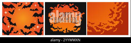 Halloween Banner Set. Gruselige Plakate mit dunklen Fledermaus-Silhouetten auf orangem Hintergrund. Designelemente für den Feiertag der Angst. Flach Stock Vektor
