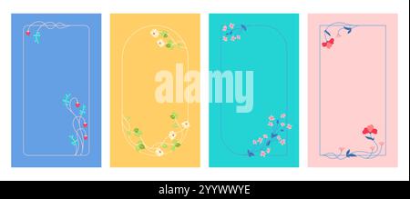 Postkarten Set mit Blumensahmen Vintage Vorlage. Hand gezeichnete Kräuter, Blumen, Beeren Rahmen Vorlage Hintergrund. Elegantes Banner, Hochzeitskarte, Postereinladung, Abdeckung modernes Illustrationsvektordesign Stock Vektor