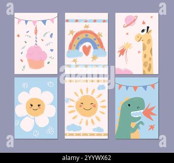 Kritzele Babyduschkarten. Niedliche Poster mit Kinderstift-Scribbles für Einladung, Grußkarte. Postkarten mit Regenbogen, Tier und Sonne. Hand Stock Vektor