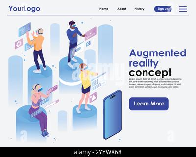 Virtuelle Augmented Reality. Landing-Page-Vorlage mit Personen, die an Geschäftsprozessen beteiligt sind, Lernen und Unterhaltung mit VR-Brillen. Modern digital Stock Vektor