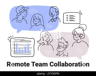 Konzept der Remote-Teamzusammenarbeit mit verschiedenen Personen, die in Sprechblasen, Diagrammen und Listen in einem minimalistischen handgezeichneten Stil kommunizieren Stock Vektor