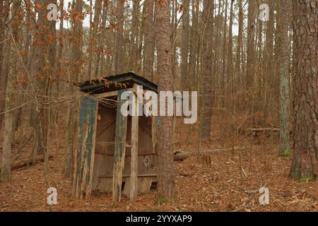 Altes Holz verfallenes Haus im Wald. Altmodische Holztoilette isoliert mit Bäumen und braunen trockenen Blättern auf dem Boden an einem bewölkten Tag. Keine Leute Stockfoto