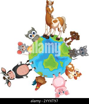 Niedliche Tiere versammelten sich um eine Karikaturerde Stock Vektor