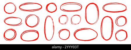 Handgezeichneter roter Hervorhebung, ovaler Rahmen. Doodle Buntstift, Markierpinsel streichen oval Unterstrich Element Pack. Handgezeichneter Bleistiftstrich Skizze Markierer Vektor Illustration Stock Vektor