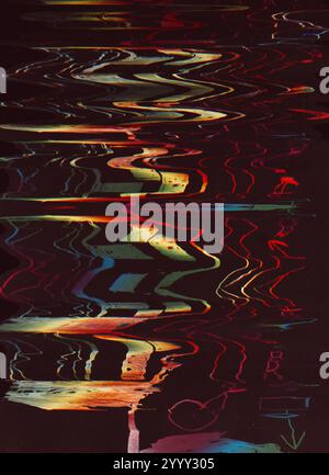 Verzerrungsrauschen. Digitale Glitchtextur. Analoge Frequenz. Abgestreifte Musteranzeige Regenbogenfarbe Licht Vibrationswellen elektronische Artefakte Illustration Kunst abstrakter Hintergrund. Stockfoto