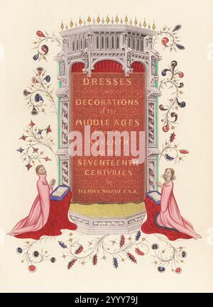 Illustrierte Titelseite mit zwei Figuren in rosafarbenen Gewändern, die vor einer Tür vor Altara knieten. Handkolorierter Holzschnitt von Henry Shaw aus seinen eigenen Kleidern und Dekorationen des Mittelalters vom 7. Bis 17. Jahrhundert, William Pickering, London, 1843. Stockfoto