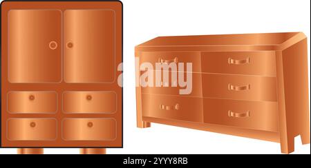 Hochglanz 3D Holzkommode und Schrank mit Ablage Stock Vektor