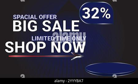 32 % Sonderangebot großer Sonderangebot nur für begrenzte Zeit Shop jetzt Vorlagenbanner mit Nachtschwarz-Motiv Stock Vektor