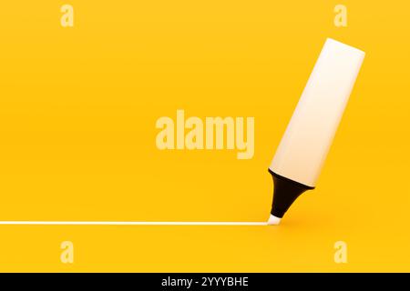 Hervorhebung des Konzepts. Weißer Textmarker zeichnet eine horizontale gerade Linie auf ein gelbes Blatt Papier. 3D-Rendering. Stockfoto
