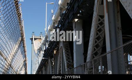 Manhattan Bridge nach Brooklyn Dumbo. Symbol New York City, Reiseziel USA. Architektur der Vereinigten Staaten, touristisches Wahrzeichen. Kabelbrücke. Fußgängerwegsperspektive. Stockfoto