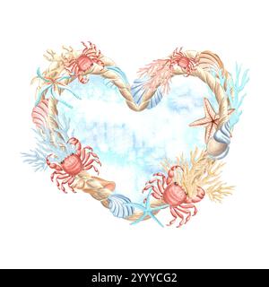 Krabben, Muscheln mit Korallen und Algen mit Sternenfischen. Rahmen in Herzform. Handgezeichnete Aquarellillustration isoliert. Marineband, Kopierraum Stockfoto