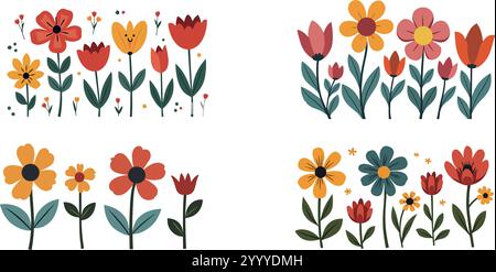 Eine Sammlung von vier lebendigen Blumenillustrationen mit einer Vielzahl von Blumen in verschiedenen Farben und Stilen. Die Motive sind fröhliche Blumen Stock Vektor