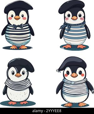 Eine entzückende Kollektion von vier Cartoon-Pinguinen in modischen Outfits, die ihre einzigartigen Styles mit Accessoires wie Schleifen und sca präsentieren Stock Vektor