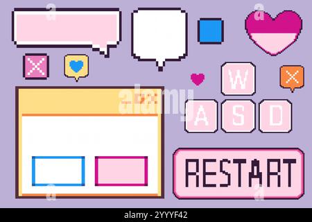 Elemente der Retro-Software-Benutzeroberfläche sind isoliert im Hintergrund festgelegt. Vektor-Illustration des leeren y2k-Messenger-Fensters, leere Sprechblase, Pixel-Herz-Symbol, Neustart-Taste, Vaporwave-Computerdesign Stock Vektor