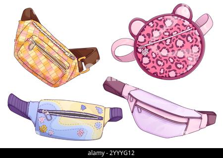 Fanny Pack-Kollektion mit verschiedenen Designs – karierte Hüfttasche, niedliche runde Tasche mit Leopardenmuster und Ohren, Gürteltasche mit Meereselementen und minimalistischer pinkfarbener Sporttasche. Lässiges modisches Accessoire. Stock Vektor