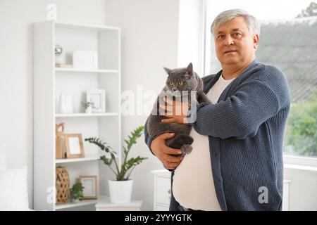 Seniorenmann mit süßer Katze zu Hause Stockfoto