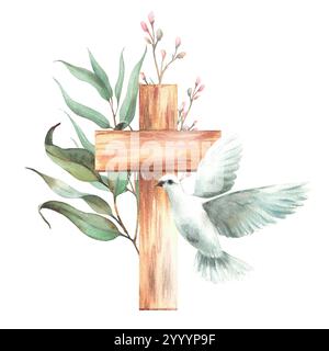 Holzkreuz und fliegende Taube mit Eukalyptuspflanzen grünen Zweigen und kleinen rosa Blütenzweigen. Religion Illustration Hand gezeichnet Aquarell Taubenvogel Stockfoto