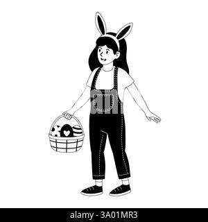 Ein Kind, das Hasenohren trägt, hält draußen einen Osterkorb mit bunten Eiern Stock Vektor