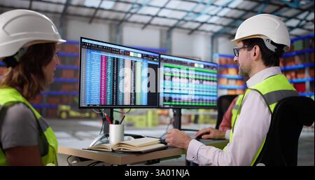 Der Manager, der Daten auf seinem Desktop im Warehouse analysiert Stockfoto