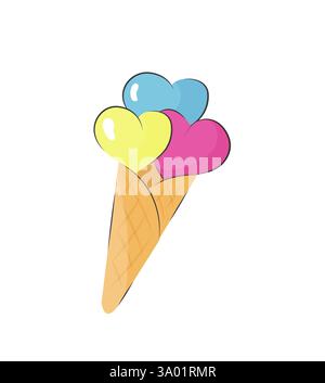 Eiswaffelkegel mit bunten Herzen. Dessert-Symbol auf weißem Hintergrund. Valentinstag . Stock Vektor