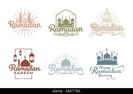 Sechs einzigartige Ramadan Kareem-Logodesigns mit Moscheen, Laternen und Halbmonden. Stock Vektor