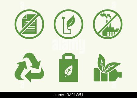 Das Bild zeigt mehrere grüne umweltfreundliche Symbole, die ökologische Nachhaltigkeit und Umweltschutzbemühungen fördern. Stock Vektor