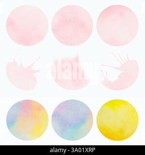 Helle Aquarellmalerei aus rosa blauem Gelb, Pinselstrichtinte, Spritzfleckenkreis, abstrakter Hintergrund. Stockfoto
