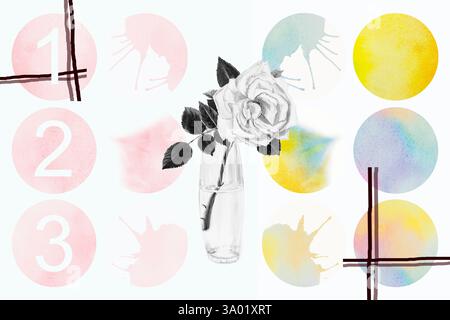 Helle Aquarellmalerei von Rosen in Vase rosa Pinseltinte, Spritzwasserstrich Fleckenkreislinie. Abstrakte Kunstillustration auf weißem Hintergrund. Stockfoto