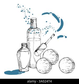 Sprühnebelflasche Parfüm cologne, nagellack nagellack, Wattepad Tub Applikator. Linienvektor handgezeichnete Tintenskizze, isoliert Stock Vektor