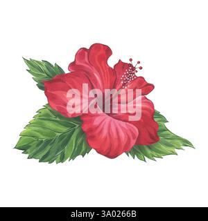 Aquarellrote Hibiskusblüte mit grünen Blättern Stockfoto