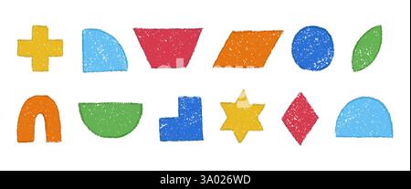 Set aus farbenfrohen geometrischen Figuren, die mit Buntstift handgezeichnet wurden. Farbige Bleistift- oder Holzkohletexturen mit einfachen Strichungen. Isolat der Vektorabbildung Stock Vektor