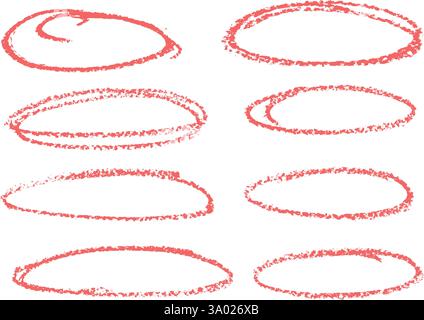Grunge Scribble ovale Rahmen Pack. Freehand Ellipse Scrawl Set. Handgezeichneter Buntstift mit kreidefarbenen Borten Kollektion. Rote Markierung unterstreichen Stock Vektor