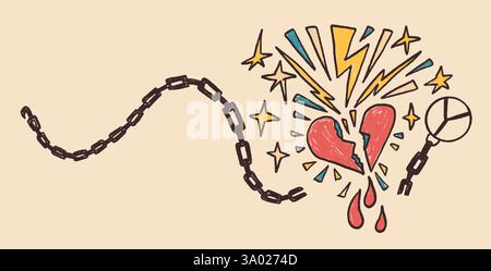 Rock Girly Buntstift. Punk Coquette Breaking Heart Doodle Hintergrund mit Kopierraum. Friedenssingen-Konzept. Handgezeichnete gebrochene Kette und bli Stock Vektor