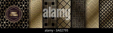 Kollektion nahtloser, luxuriöser geometrischer Muster – goldenes Art déco-Design. Wiederholbare dekorative elegante königliche goldene Hintergründe. Symmetrie endlos Stock Vektor