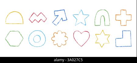Einfache geometrische Konturen, die mit Buntstift gezeichnet wurden. Sammlung abstrakter Figuren mit Grunge-Textur von Wachsstift. Pfeil, Herz, Blume, Sechseck, cr Stock Vektor