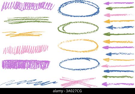 Kreide-Hervorhebung-Figurensatz. Buntstift unterstrichen und Pfeile. Bleistift zeichnet Elemente aus. Vektor Hand gezeichnet Pinselstrich Sammlung Illustration auf weiß Stock Vektor