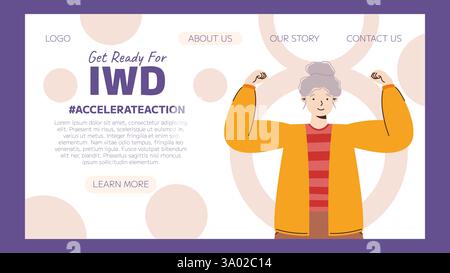 IWD 2025 Illustration einer selbstbewussten Seniorin mit grauem Haar und lässiger Kleidung, die ihre Arme zur Feier des Internationalen Frauentages beugt. Emp Stock Vektor