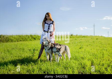 Eine junge Frau mit roten Haaren steht auf einer sonnigen Wiese und hält zwei Huskys. In weißem Kleid blickt sie in die Ferne, mit Hunden an ihrer Seite. Clear blu Stockfoto