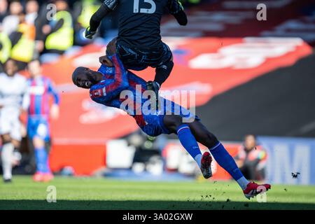 London, Großbritannien. März 2025. LONDON, ENGLAND – 1. MÄRZ: Jean-Philippe Mateta wurde am 1. März 2025 im Londoner Selhurst Park durch einen Kopfstoß von Millwall Torhüter Liam Roberts beim Spiel der Fünften Runde des Emirates FA Cup zwischen Crystal Palace und Millwall verletzt. Foto: Sebastian Frej Credit: Sebo47/Alamy Live News Stockfoto