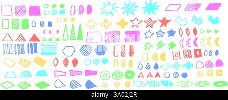 Satz abstrakter geometrischer Grundformen, gezeichnet mit bunten Pastellfarben oder Holzkohle. Handgezeichneter Rahmen für Farbziffer. Leere lebendige Farbsprache Stock Vektor