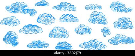 Set abstrakter Bleistiftwolken. Handgezeichneter Cartoon bewölkter Himmel. Vektor-Illustration der Sammlung von blauem Wirbel auf weißem Hintergrund. Nachahmung eines Kindes Stock Vektor