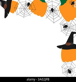 Kürbisse in Hexenhüten und schwarzen Spinnen auf Spinnennetz Halloween Top Eckrahmen Copy Space Vorlage. Isolierte Vektor-Illustration Thematische Karten oder Web-Werbebanner, Broschüren, Druckmaterialien oder Tags Stock Vektor