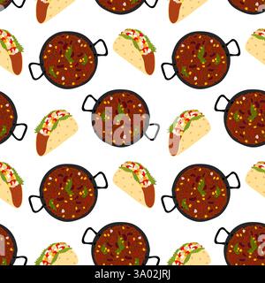 Taco Fleischfüllung, Gemüse und Chili con carne Gusseisen itionale Pfanne nahtloses Muster in Grün. Isolierte Vektor-Illustration Hintergrund Thematische oder Menükarten, Web-Promo-Banner, Broschüren, Preis Stock Vektor