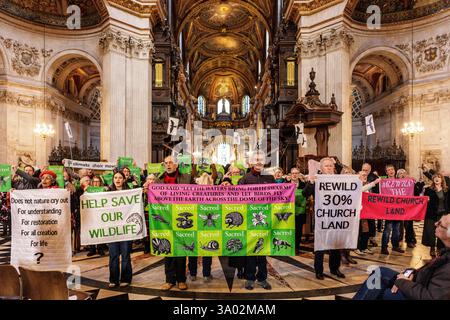 März 2025. St Pauls's Cathedral, London. Singender Flashmob zieht in die St. Paul’s Cathedral, um die Kirche zu fordern, die Natur zu schützen. Im Vorfeld des World Wildlife Day rufen 200 Mitglieder des Climate Choir Movement die Church of England, einen der größten Landbesitzer des Landes, auf, sich dringend mit dem düsteren Zustand ihres Landes in London zu befassen: Ein 200-köpfiger Flash Mob überraschte Besucher und Kirchgänger in der St. Paul’s Cathedral (heute Samstag, 1. März) mit einer musikalischen Botschaft, die die wichtige Rolle der Kirche bei der Wiederherstellung der Natur unterstreicht. Stockfoto
