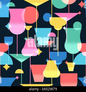 Mehrfarbige Cocktails, nahtloses Muster. Vektor abstrakte geometrische Illustration der Nachtparty Bar. Bunte alkoholische Getränke auf schwarzem Hintergrund. Fabr Stock Vektor