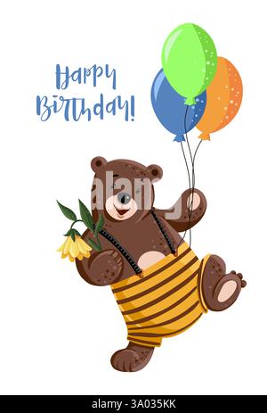 Niedliche Karte mit Cartoon Bär mit Ballons Stock Vektor